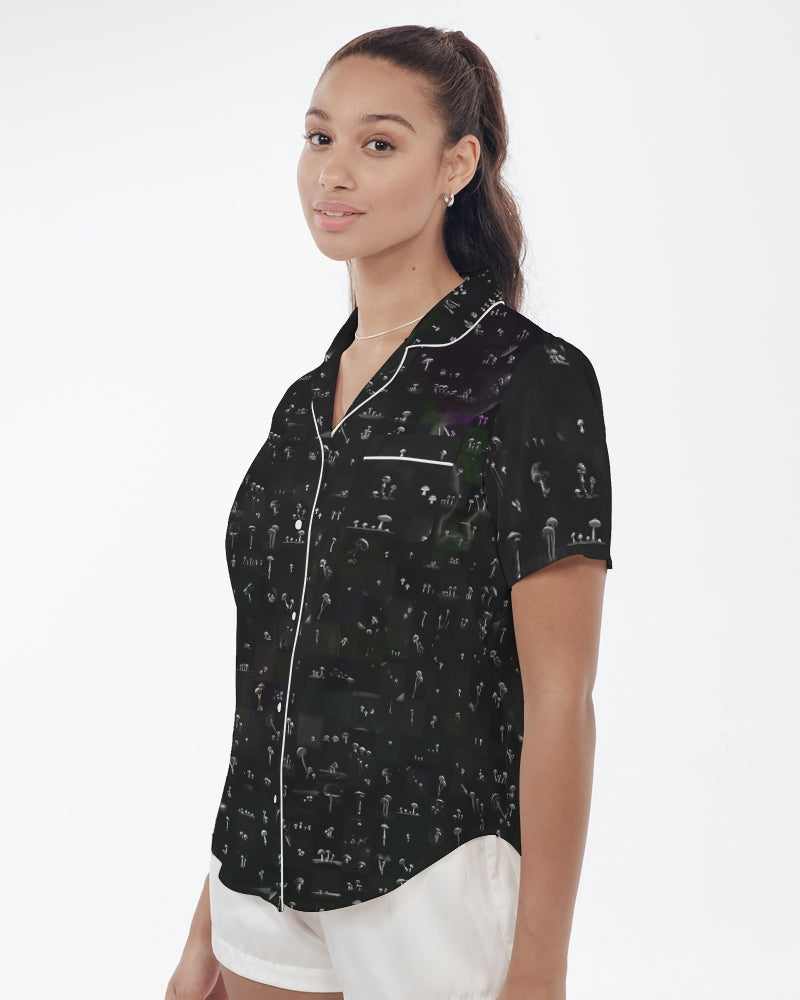 Mushroom Grid Women's Satin Short Sleeve Pajama Top