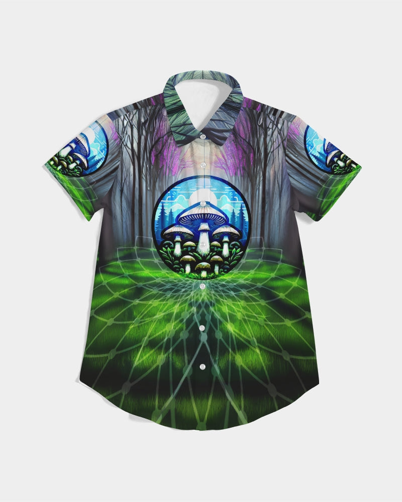Fungi Focus Forest Women's Short Sleeve Button Up