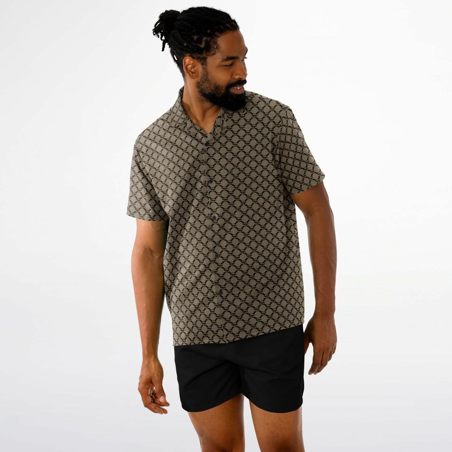 Mushroom Guzzi Spread Collar Short Sleeve Button-Down Shirt