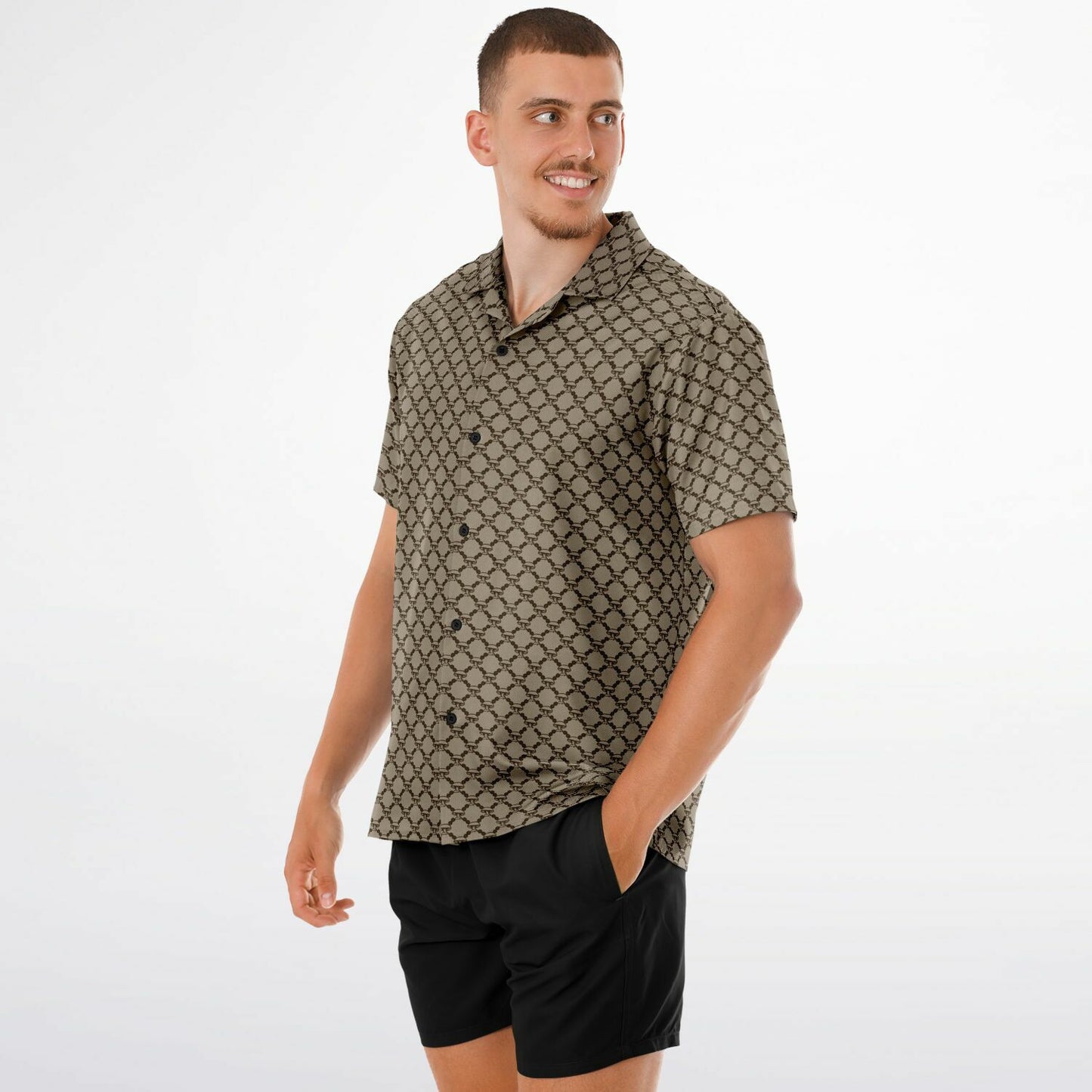 Mushroom Guzzi Spread Collar Short Sleeve Button-Down Shirt
