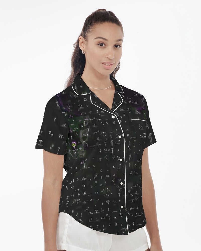 Mushroom Grid Women's Satin Short Sleeve Pajama Top