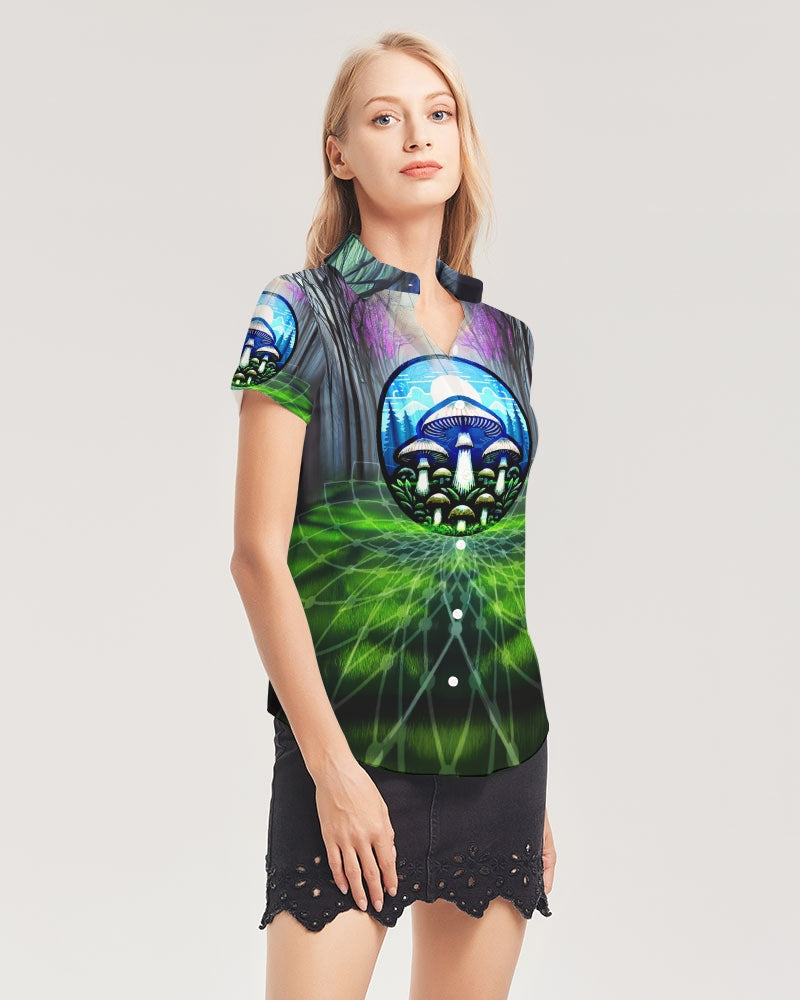 Fungi Focus Forest Women's Short Sleeve Button Up
