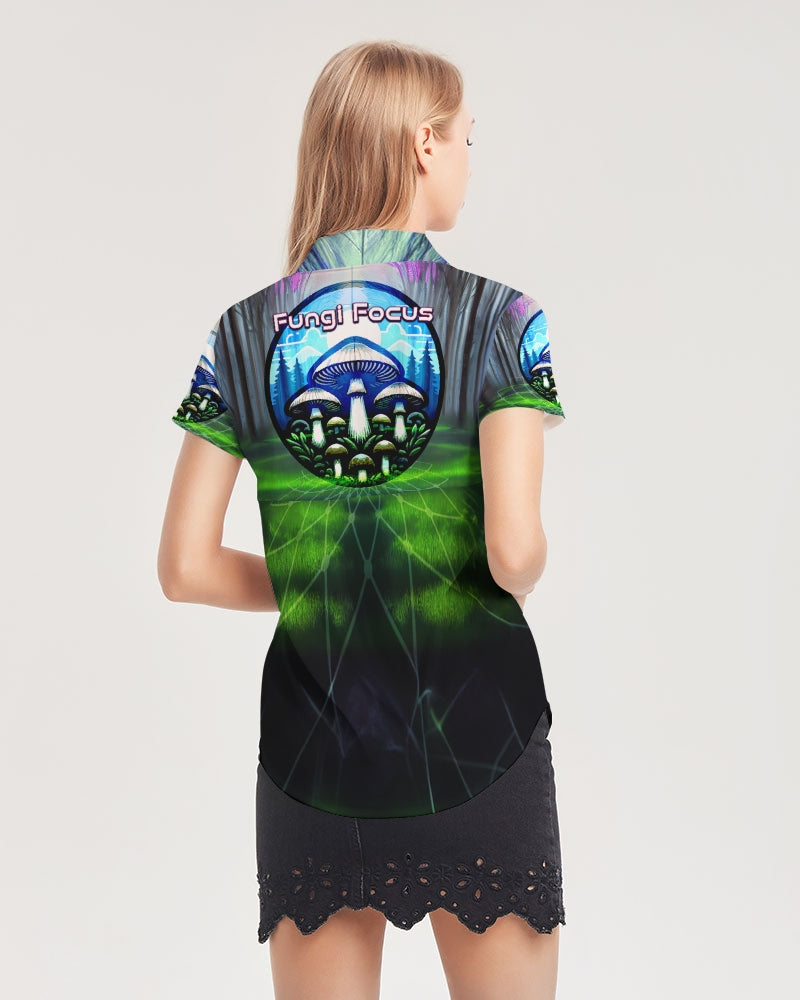 Fungi Focus Forest Women's Short Sleeve Button Up