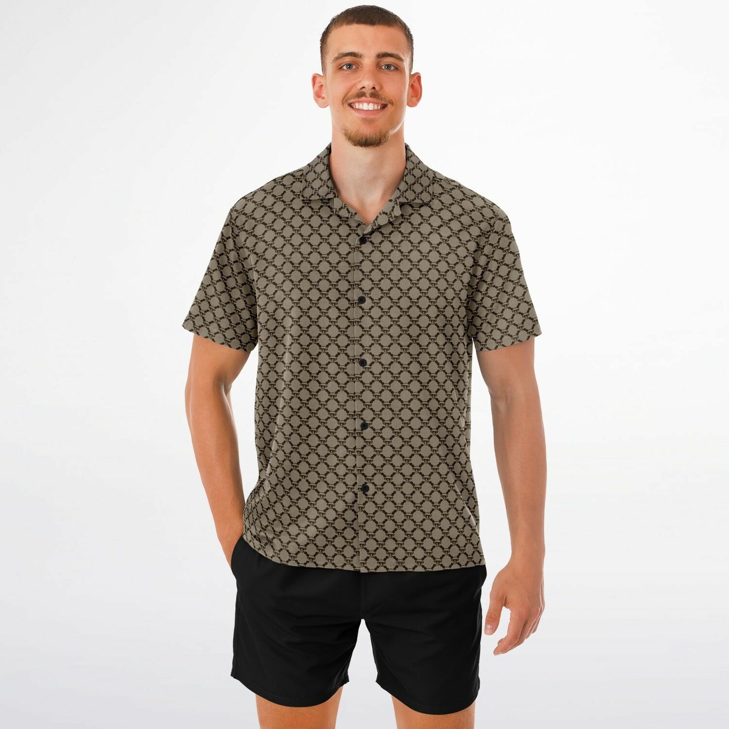 Mushroom Guzzi Spread Collar Short Sleeve Button-Down Shirt