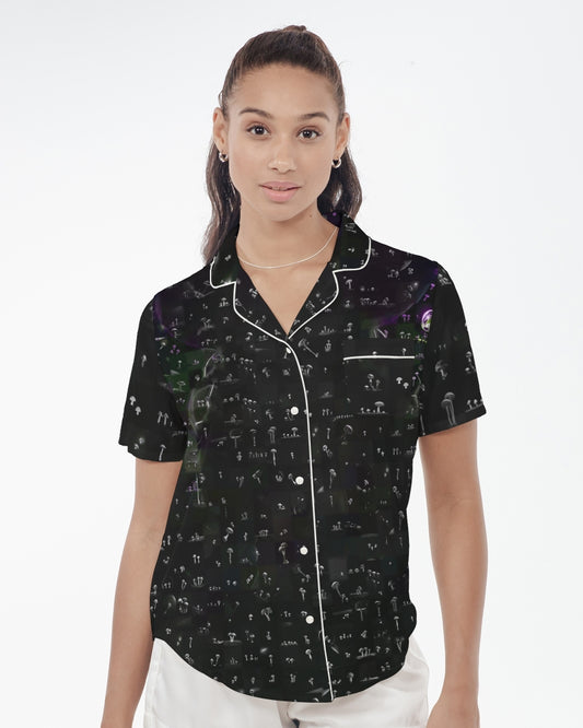 Mushroom Grid Women's Satin Short Sleeve Pajama Top