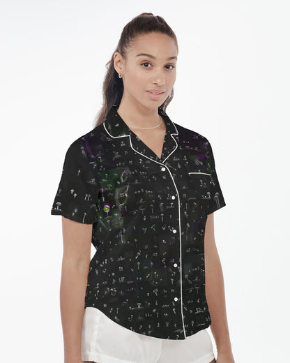 Mushroom Grid Women's Satin Short Sleeve Pajama Top