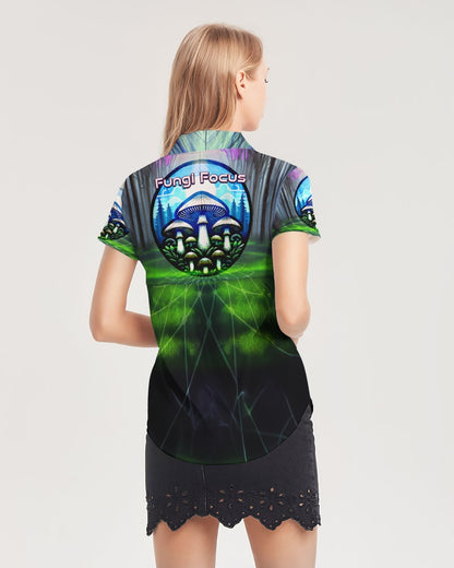 Fungi Focus Forest Women's Short Sleeve Button Up