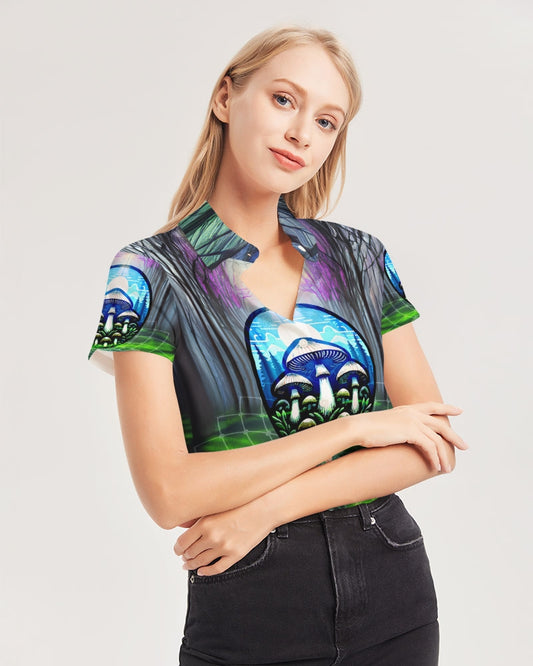 Fungi Focus Forest Women's Short Sleeve Button Up